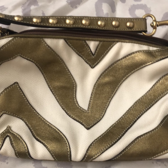Coach small or evening bag in gold leather and cream fabric zebra print - Picture 9 of 11